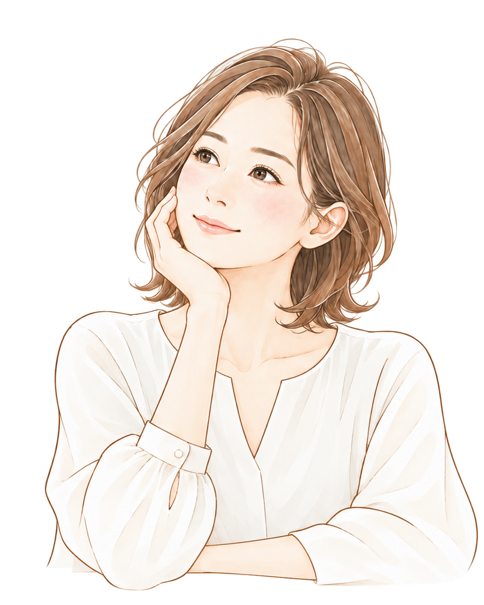 頬に手を添え、穏やかに考える女性のイラスト